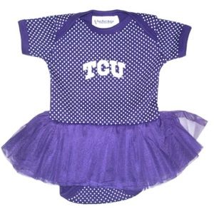 Two Feet Ahead NCAA TCU Horned Frogs Children Girls Pin Dot Tutu Creeper 6 month